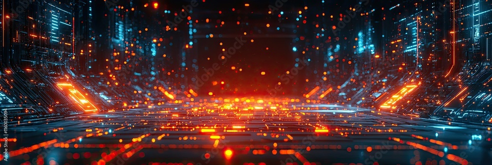 Poster a futuristic digital environment with glowing lines and particles, suggesting advanced technology.