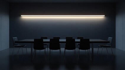 Dark room with long table, chairs, and minimalist LED lighting.