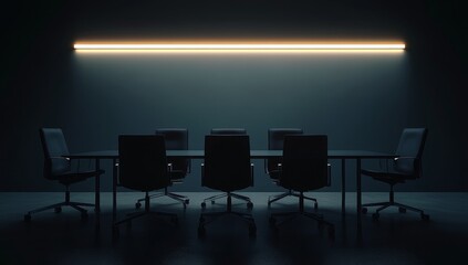 Dark meeting room with long table and chairs illuminated by a single neon light.