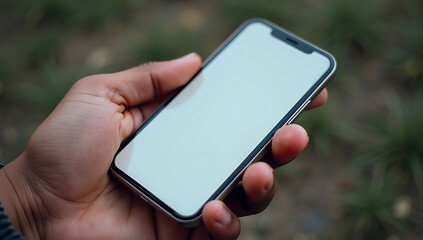 Close-up of a hand holding a smartphone with a blank screen outdoors.

