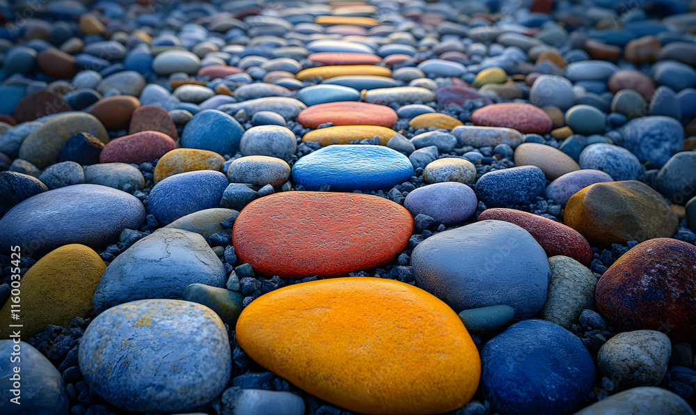 Poster a colorful array of smooth pebbles creating a vibrant pathway.