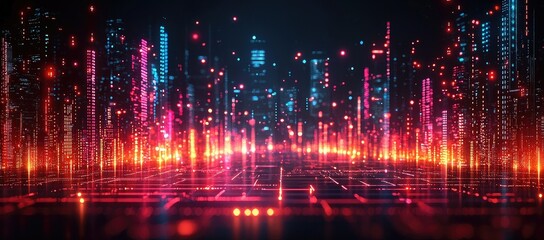 Fototapeta premium A futuristic digital landscape with glowing data streams and a city skyline.