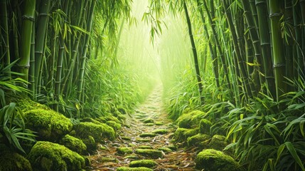 Obraz premium Mystical bamboo forest path with mossy stones.
