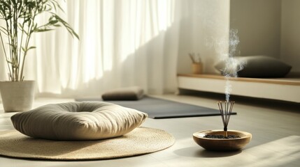 A serene home meditation and yoga sanctuary with cushions and incense, Meditation cushions, yoga mats