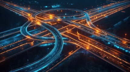 Night aerial view of illuminated highway interchange. (1)