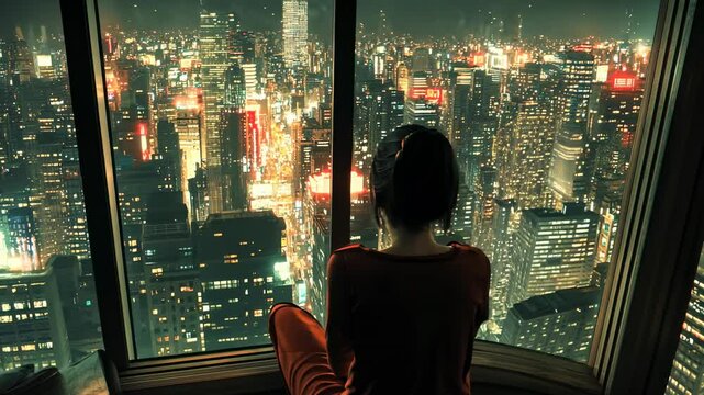 At night, the girl sat by her window and looked at the city lights outside with melancholy eyes. The background is a large panoramic view of urban buildings. In the style of anime, 