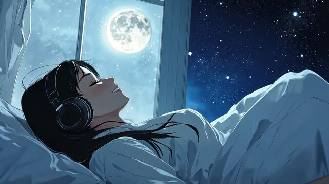 Beautiful anime girl laying in bed with white sheets, wearing headphones and listening to music. She is happy and relaxed as the moonlight shines through her window, 