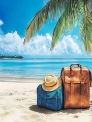 Tropical Beach with Backpacks and Straw Hat Under Swaying Palm Tree : Generative AI