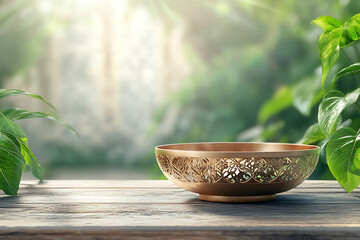 Golden Decorative Bowl on Wooden Table in Nature Background