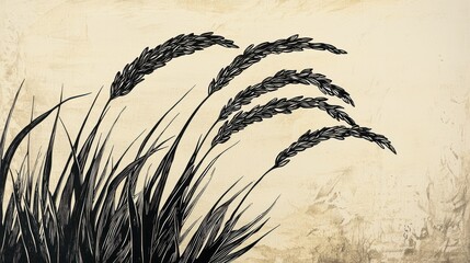 Black and white illustration of rice stalks swaying in the wind against a beige background.