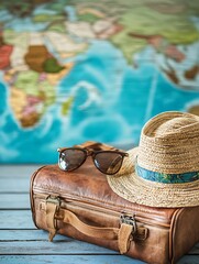Leather Suitcase with Straw Hat and Sunglasses Against World Map : Generative AI