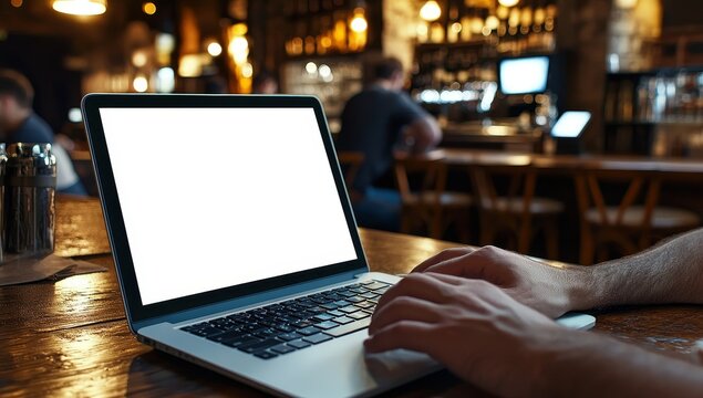 Laptop with blank screen in cafe.