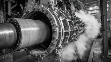 Massive pipe extruding machinery, the raw metal being shaped into perfect cylindrical forms, steam rising 