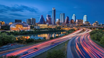 Obraz premium City skyline at twilight with highway traffic streaks.