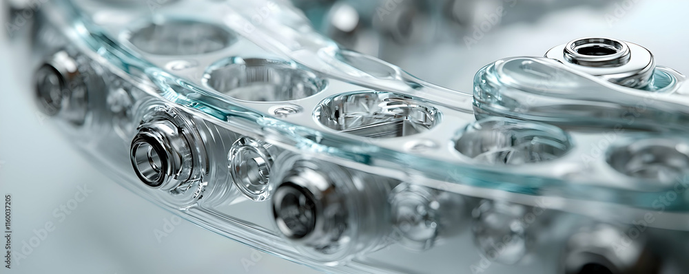 Poster close-up of a transparent mechanical component with metallic elements, showcasing precision engineer