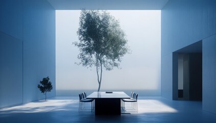 Minimalist room with large window, tree, and table.