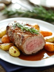 Succulent Roast Beef with Rosemary and Mixed Vegetables on White Plate : Generative AI