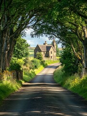 Obraz premium Charming Country Cottage with Tree Lined Road in Picturesque Countryside Setting : Generative AI