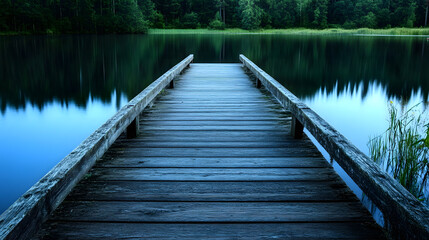 Naklejka premium Scenic wooden pier over calm lake with lush forest background for tranquil retreat : Generative AI