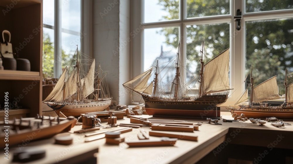 Poster a serene model shipbuilding desk by a large window, ship models and tools meticulously arranged, nau