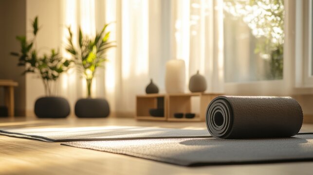 A serene meditation room with yoga mats and relaxation aids, Meditation tools arranged for mindfulness practice, Zen retreat style