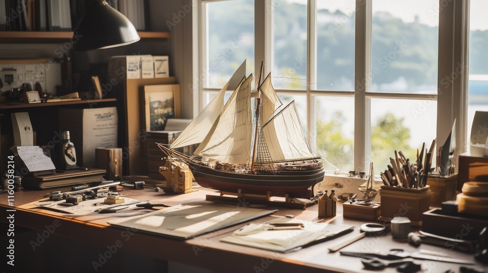 Poster a serene model shipbuilding desk by a large window, ship models and tools meticulously arranged, nau