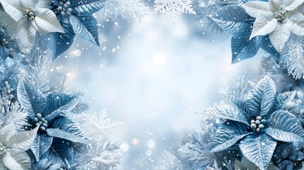 Festive Winter Frame with Blue Flowers and Snowflakes for Holiday Celebrations and Seasonal Greeting Cards