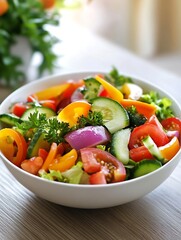 Vibrant Fresh Vegetable Salad with Colorful Bell Peppers and Herbs in White Bowl : Generative AI