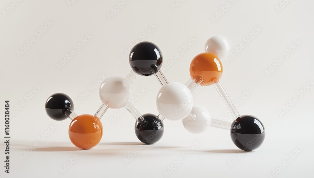 Poster abstract 3d model of molecule structure with black, white, and orange spheres.