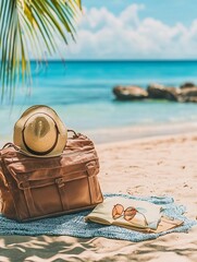 Tropical Beach Vacation Essentials with Hat and Sunglasses on Sand by Turquoise Sea : Generative AI