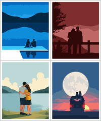 Cute boy and girl couple in pajamas, spending time together at home, hugging. Isolated vector illustration