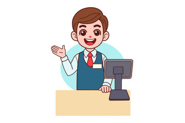 The cashier is standing at the checkout counter. Vector illustration in cartoon style.