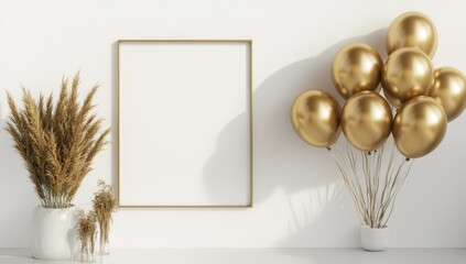 Gold balloons and pampas grass beside a blank frame.