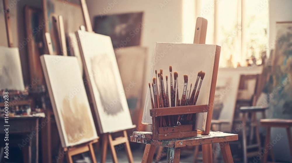 Poster a serene painting studio with canvases and easels, paintbrushes arranged in a creative workspace, ar