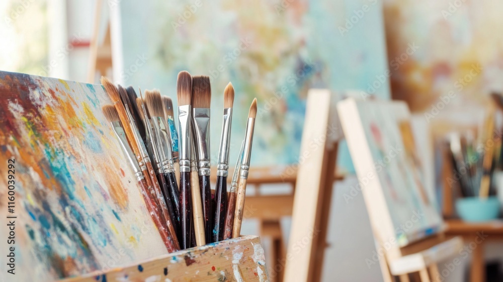 Poster a serene painting studio with canvases and easels, paintbrushes arranged in a creative workspace, ar