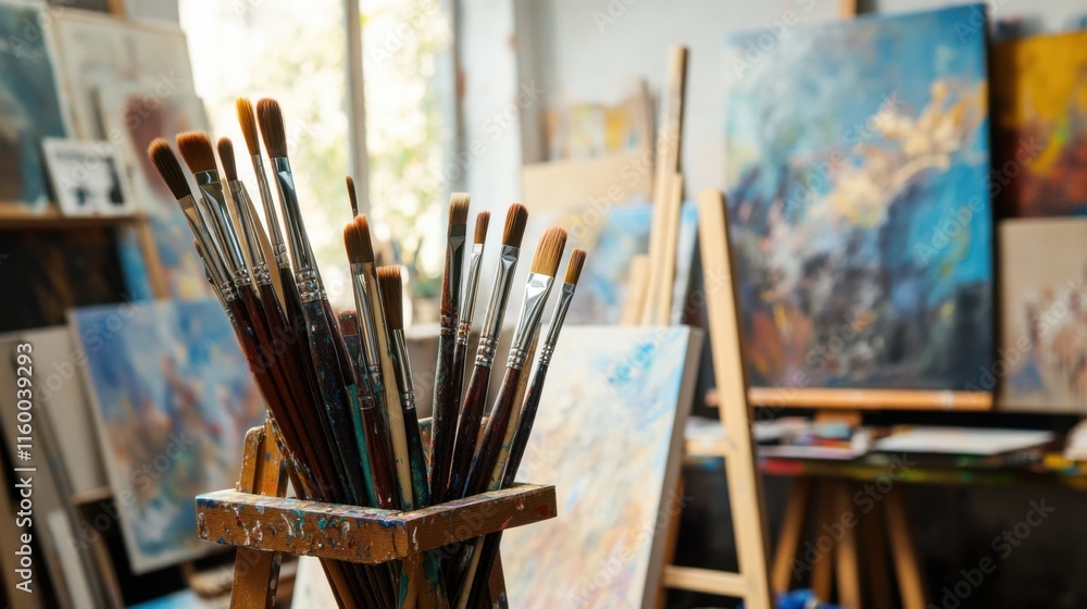 Poster a serene painting studio with canvases and easels, paintbrushes arranged in a creative workspace, ar