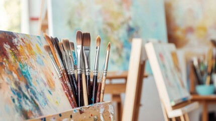 Fototapeta premium A serene painting studio with canvases and easels, Paintbrushes arranged in a creative workspace, Artistic inspiration style