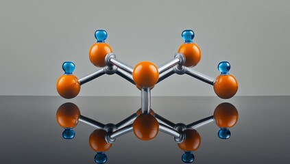 Obraz premium Molecular model with orange and blue spheres reflecting on a surface.