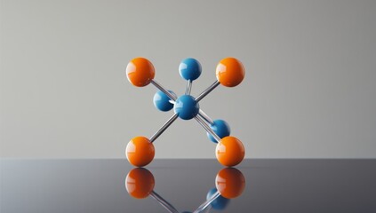 Obraz premium Abstract molecular model with orange and blue spheres on reflective surface. (1)