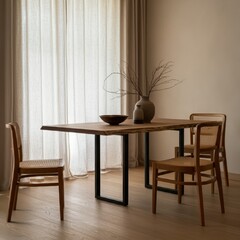 Minimalist dining room, wooden table with metal legs, single wooden chair, neutral tones, vase with bare branches, large window, soft natural light, hardwood floors, serene atmosphere, Japanese-inspir