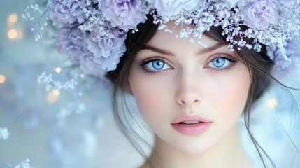 Fototapeta premium Close-up portrait of a young woman with blue eyes and a flower crown.