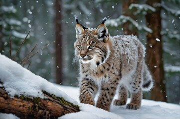 Fototapeta premium Baby lynx kitten with fluffy fur and distinctive ear tufts, playfully exploring a snowy forest