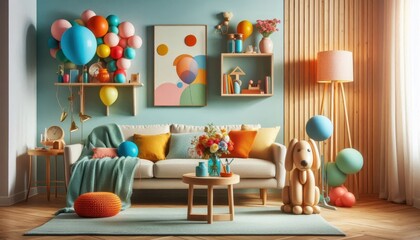 Cozy living room interior, warm color palette, wooden bookshelves, colorful book spines, blue floor lamp, grey sofa, orange throw blanket, teal cushions, wooden coffee table, potted plants, soft light