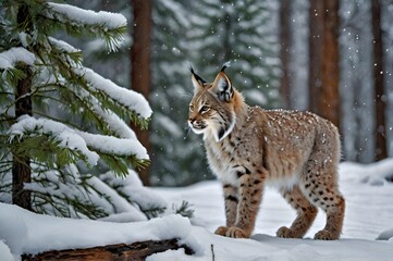 Obraz premium Baby lynx kitten with fluffy fur and distinctive ear tufts, playfully exploring a snowy forest