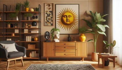 Cozy living room interior, bohemian style decor, large sun wall art, wooden sideboard, rattan cabinet doors, potted monstera plant, earth tone color palette, open shelving units, ceramic vases, woven 