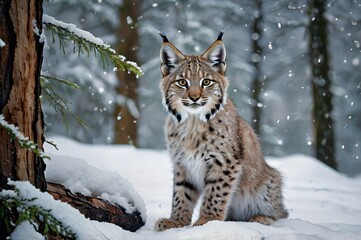 Obraz premium Baby lynx kitten with fluffy fur and distinctive ear tufts, playfully exploring a snowy forest