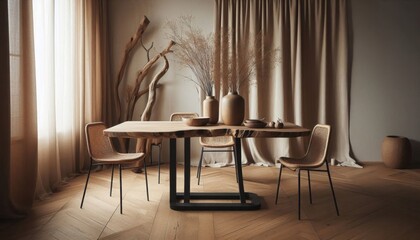 Minimalist dining room, wooden table with metal legs, single wooden chair, neutral tones, vase with bare branches, large window, soft natural light, hardwood floors, serene atmosphere, Japanese-inspir