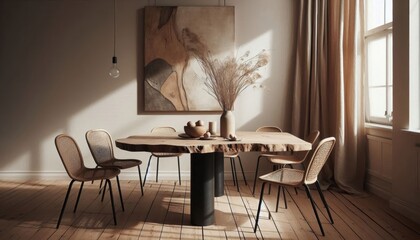 Minimalist dining room, wooden table with metal legs, single wooden chair, neutral tones, vase with bare branches, large window, soft natural light, hardwood floors, serene atmosphere, Japanese-inspir
