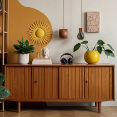 Cozy living room interior, bohemian style decor, large sun wall art, wooden sideboard, rattan cabinet doors, potted monstera plant, earth tone color palette, open shelving units, ceramic vases, woven 
