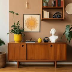 Cozy living room interior, bohemian style decor, large sun wall art, wooden sideboard, rattan cabinet doors, potted monstera plant, earth tone color palette, open shelving units, ceramic vases, woven 
